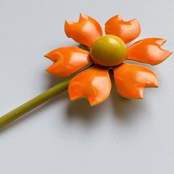 VTG 1960s Brooch Enamel Flower Orange Chartreuse Long Stem Mod Jewelry - Picture 6 of 10